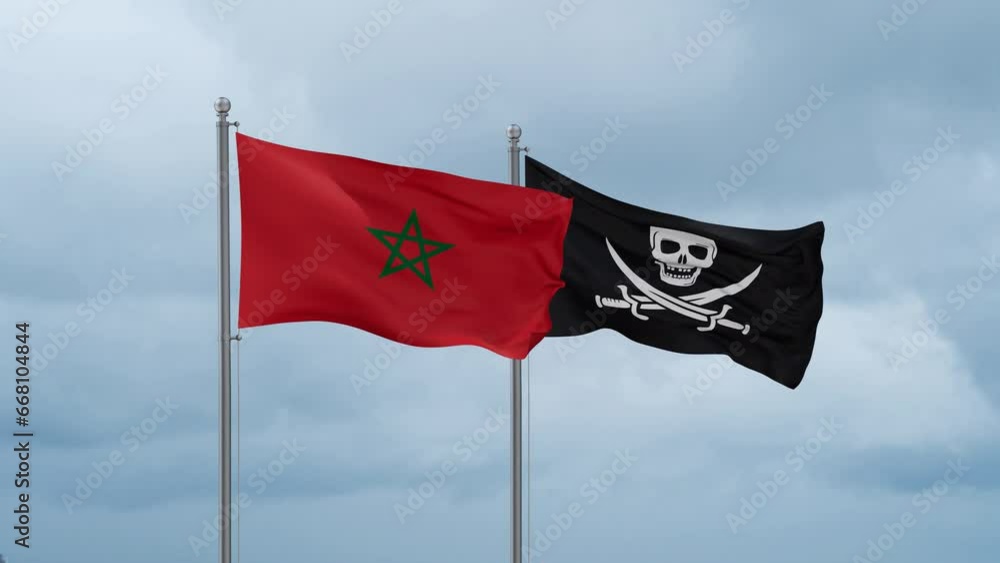 Morocco flag and Corsair flag waving together on cloudy sky, endless seamless loop Morocco flag and Corsair flag waving together on cloudy sky, endless seamless loop