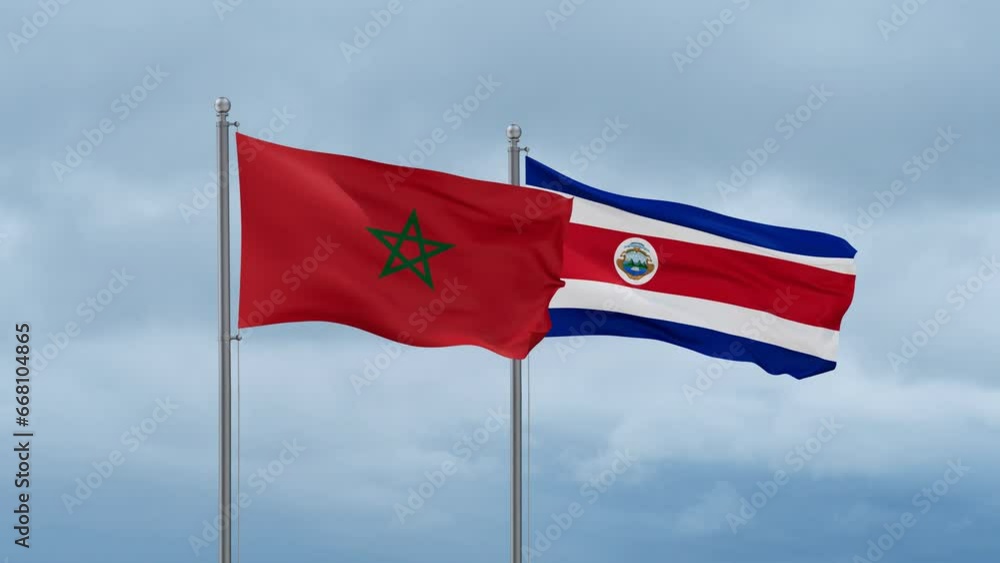 Costa Rico and Morocco flag waving together on cloudy sky, endless seamless loop, two country cooperation concept Costa Rico and Morocco flag waving together on cloudy sky, endless seamless loop, two country cooperation concept