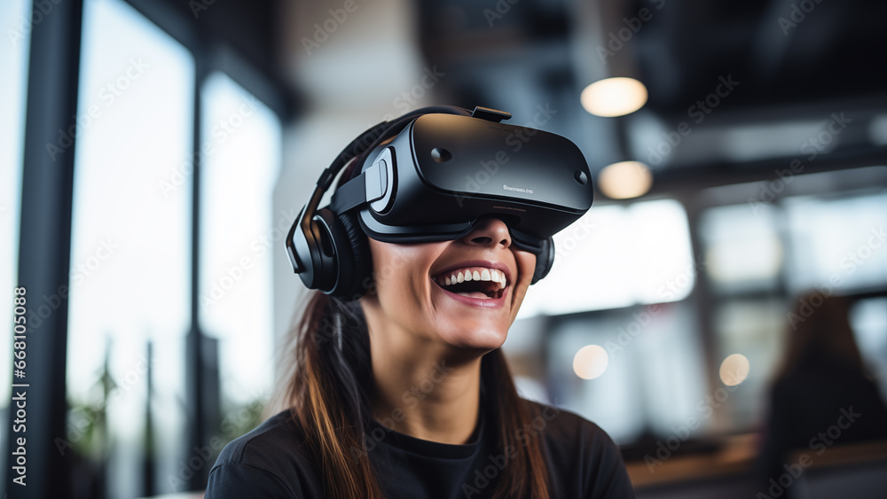 An IT company employee wearing a VR device and smiling at work An IT company employee wearing a VR device and smiling at work