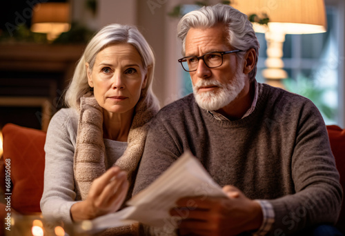 A senior couple in a comfortable sweater deep in thought contemplating their retirement. Man is holding a piece of paper that could be a financial statement or retirement plan.
