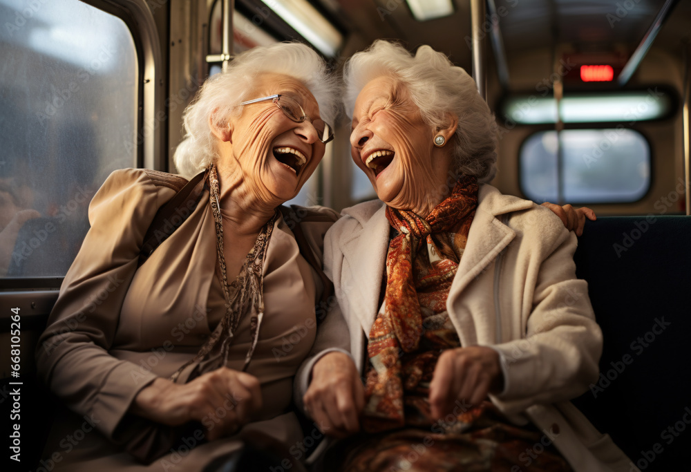 Two Caucaisan senior women share a smile and a laugh while on the train
