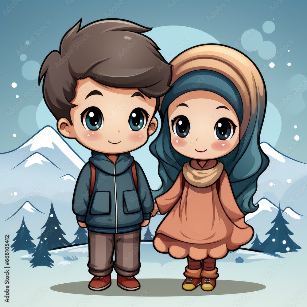 Fototapeta premium Girl Boy Muslim Celebrating Eid Mubarak ,Cartoon Illustration, For Printing