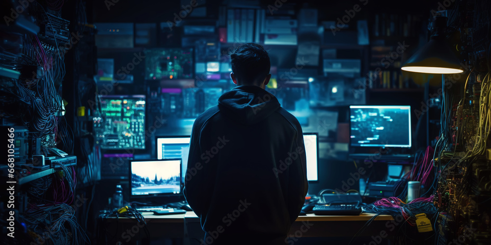Tech Enthusiast Monitoring Global Data in a Dark Control Room. Hacker concept. Generative AI Tech Enthusiast Monitoring Global Data in a Dark Control Room. Hacker concept. Generative AI