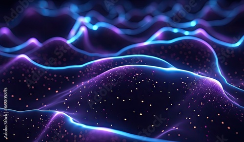 Blue and purple waves and lines presenting data visualization, futuristic space aesthetic, created with AI
