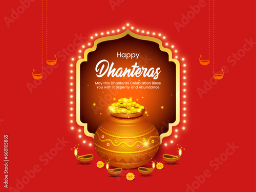 Vector illustration of Indian religious festival Happy Dhanteras, Diwali with gold coins pot, oil lamp, flowers and decorative elements.