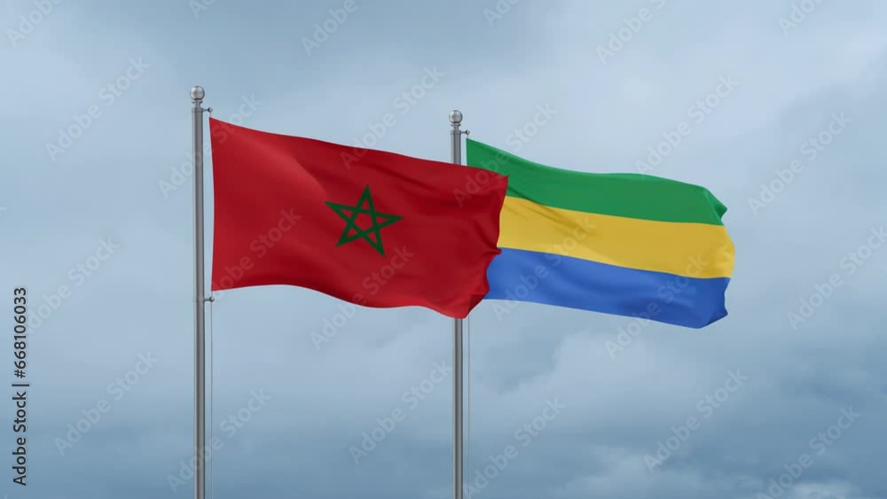 Gabon flag and Morocco flag waving together on cloudy sky, endless seamless loop, two country relations concept Gabon flag and Morocco flag waving together on cloudy sky, endless seamless loop, two country relations concept