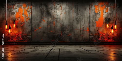 Black brown red orange horror background. Interior room. Concrete old wall, floor. Grunge. Product display