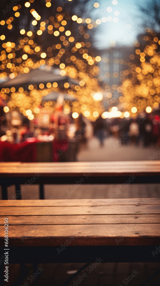 Empty wooden table and blurred background of christmas market with bokeh.