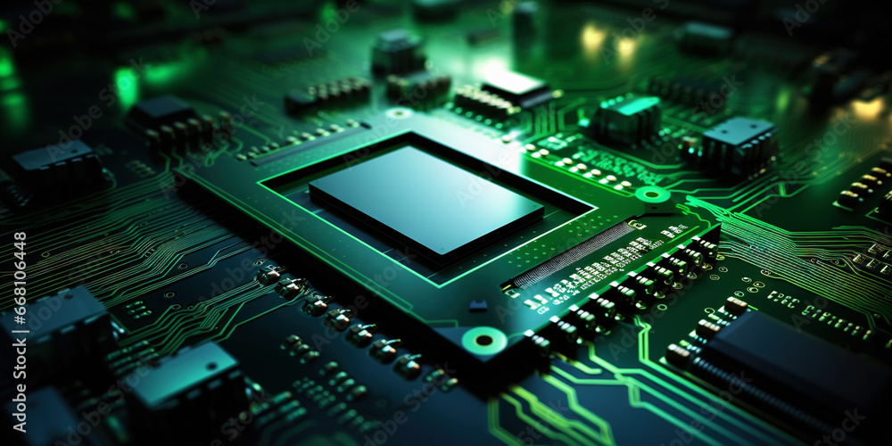 Heart of the Machine: Microprocessor in Green Glow. Motherboad electronics. Generative AI Heart of the Machine: Microprocessor in Green Glow. Motherboad electronics. Generative AI
