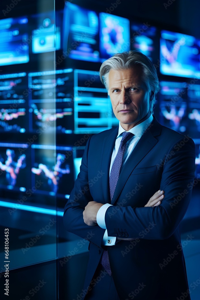 Fototapeta premium A high-powered businessman in a sleek suit, surrounded by screens displaying real-time market data, blue glow indoor. generative AI