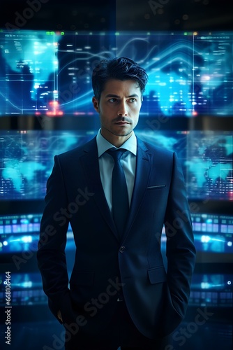 A high-powered businessman in a sleek suit, surrounded by screens displaying real-time market data, blue glow indoor. generative AI