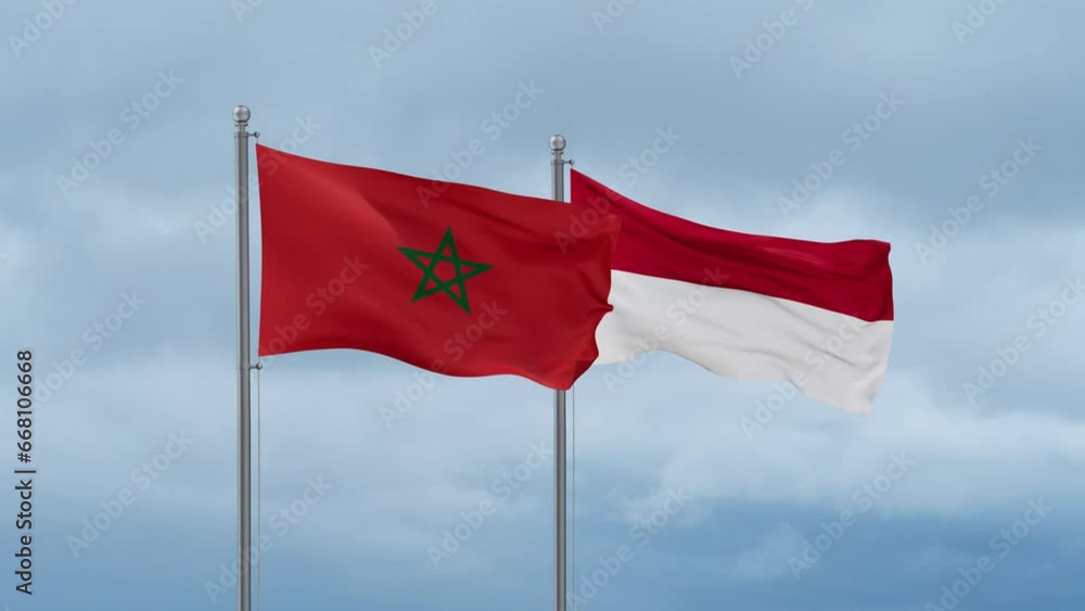 Indonesia flag and Morocco flag waving together on cloudy sky, endless seamless loop, two country relations concept Indonesia flag and Morocco flag waving together on cloudy sky, endless seamless loop, two country relations concept