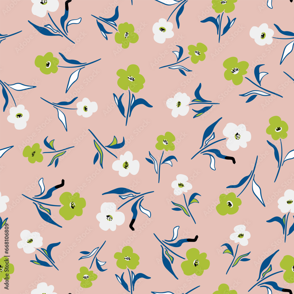 Random placed, vector flowers with leaves seamless repeat pattern. Botanical all over surface print on pink background. Random placed, vector flowers with leaves seamless repeat pattern. Botanical all over surface print on pink background.