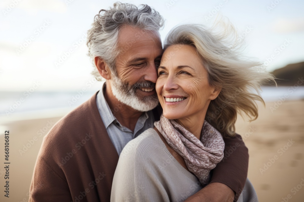 Joyful middle aged couple of man and woman hugging on the beach