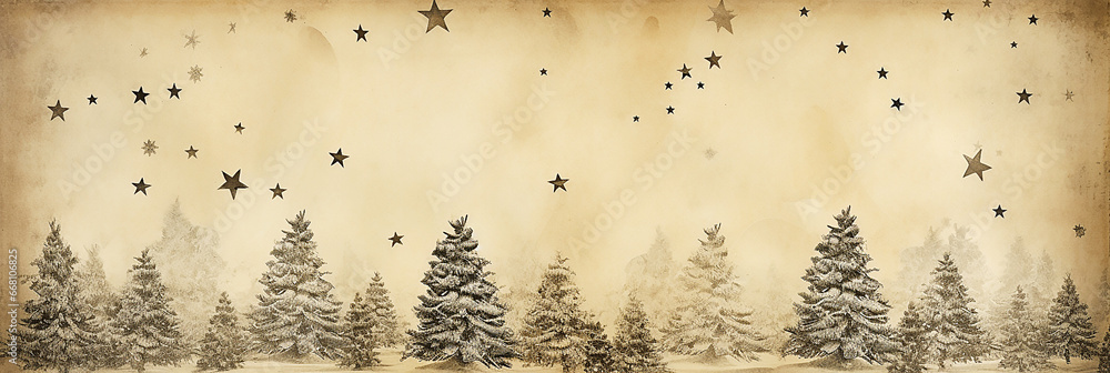 Fir tree and star on old paper