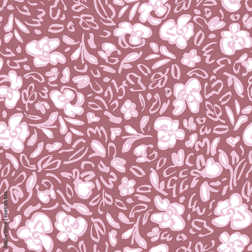 Abstract, brush stroked flowers with leaves seamless repeat pattern. Random placed, vector botany all over surface print on pink background.