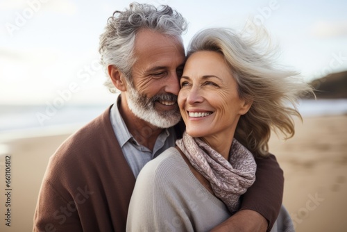 Joyful middle aged couple of man and woman hugging on the beach photo
