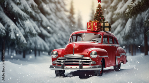 Stylish retro car with Christmas gifts and a Christmas tree on a snowy road. Holiday concept, surprise. Christmas. © Alina Tymofieieva