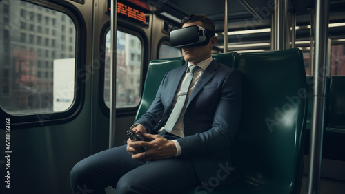 Office workers using public transportation while having fun wearing VR devices photo