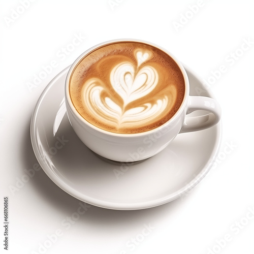 Aerial view of a cappuccino with symmetrical heart latte art with neutral light background, for coffee shop menu, banner, cover photo