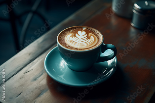 Coffee cup with latte art on wooden table, turquoise wall on background. Image for mood board, poster, aesthetic backdrop banner with copy space
