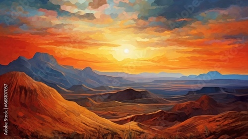 Colorful mountain sky sunset oil painting wallpaper image Ai generated art