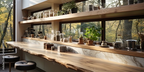 Cozy kitchen interior with quartz bar countertop and wooden shelves near window photo