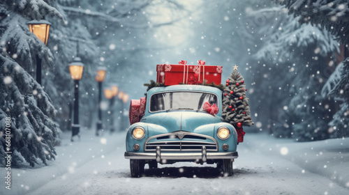 Stylish retro car with Christmas gifts and a Christmas tree on a snowy road. Holiday concept, surprise. Christmas.