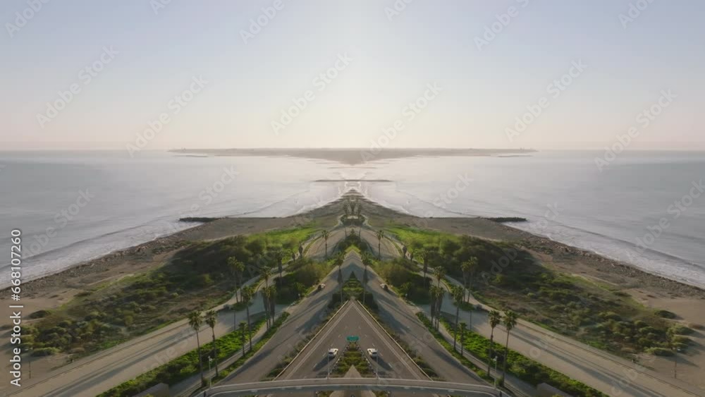 Aerial view of sea coast in golden hour. Car going on road in tropical destination, California, USA. Abstract computer effect digital composed footage Aerial view of sea coast in golden hour. Car going on road in tropical destination, California, USA. Abstract computer effect digital composed footage