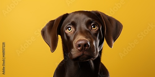 Cute chocolate Labrador Retriever puppy on yellow background © Sanych
