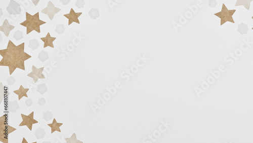 White background with paper texture. small stylized snow crystals and stars