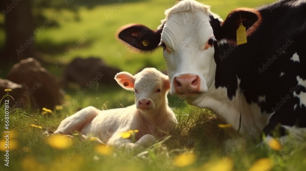 Cow caressing its calf animal stock photo Ai generated art Cow caressing its calf animal stock photo Ai generated art