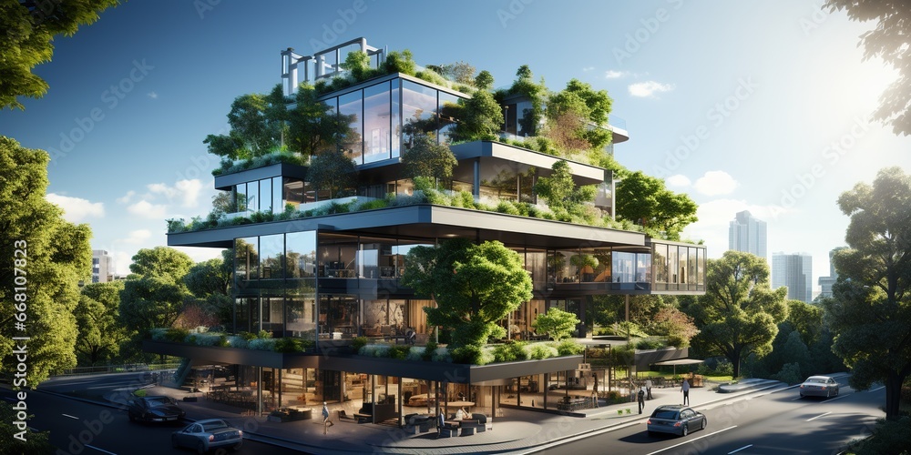 Eco - friendly building in the modern city. Sustainable glass office building with trees for reducing heat and carbon dioxide. Office building with green environment.