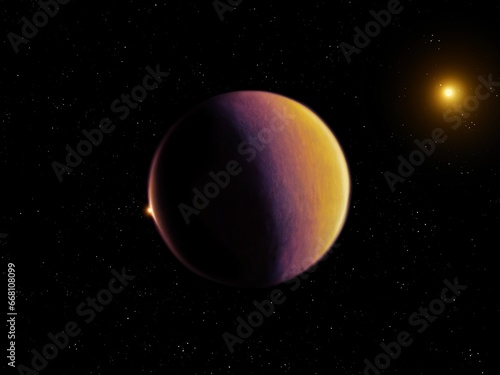Alien planet covered with clouds in the light of a star. Exoplanet in warm tones isolated on a black background. Extrasolar planet with a solid surface. © Nazarii