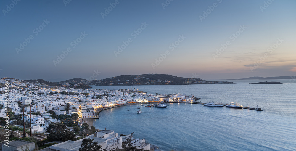 Looking across the harbour in Mykonos Town on Mykonos Island one of the Cyclades islands