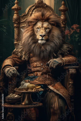 Royal lion sitting on a throne, anthropomorphic character photo