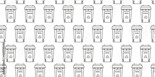 Recycling bins linear seamless pattern. Garbage sorting and segregation. Dustbins for plastic, paper, glass, organic, metal, e-waste. Ecology. Line art, doodles. Background, digital paper, wallpaper.