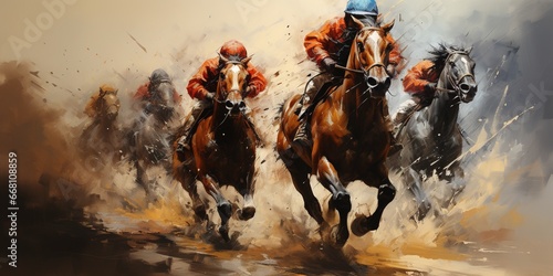 Horse race in an illustration of horses racing down the track