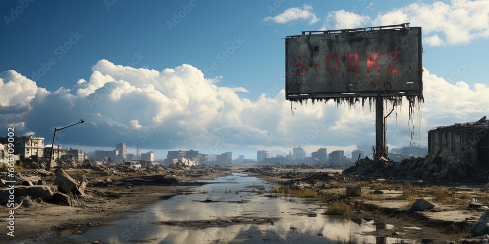 Obraz na płótnie Lank billboard mockup for advertisement in post apocalyptic city w salonie
