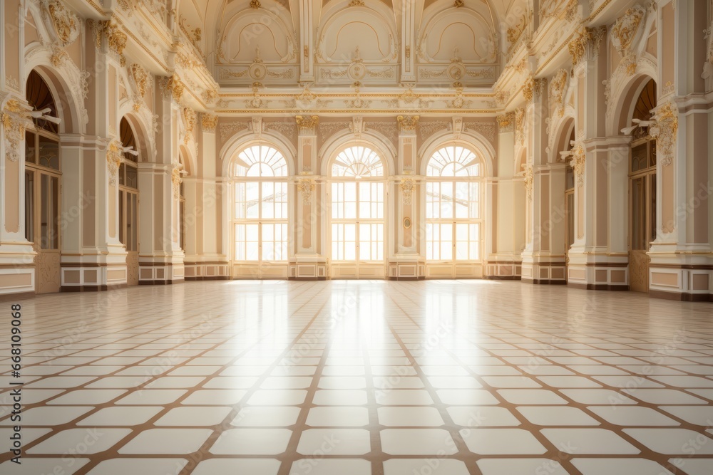 Realistic photo of bright palace hall with big windows and light hall inside. Empty room with tile white floor