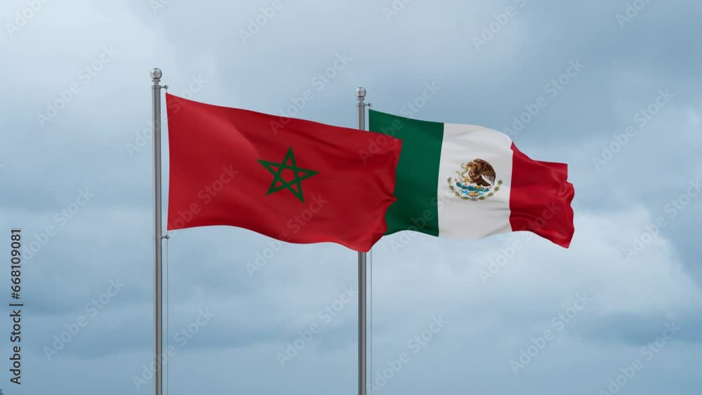 Mexico flag and Morocco flag waving together on cloudy sky, endless seamless loop, two country relations concept Mexico flag and Morocco flag waving together on cloudy sky, endless seamless loop, two country relations concept