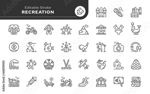 Recreation, vacation and entertainment. Line icon set. Web icons in linear style for mobile application and web site. Outline pictogram.