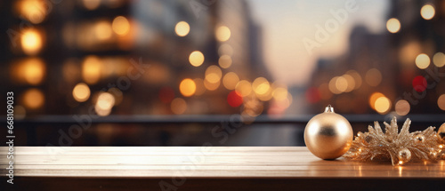 Christmas decoration on wooden table in front of defocused city lights.