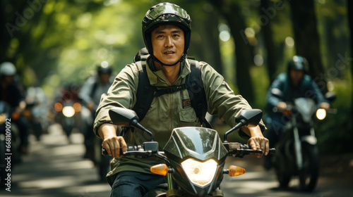 Asian man riding a motorcycle on the street photo
