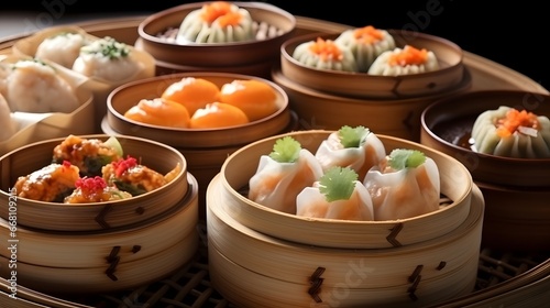 yumcha, dim sum in bamboo steamer, chinese cuisine