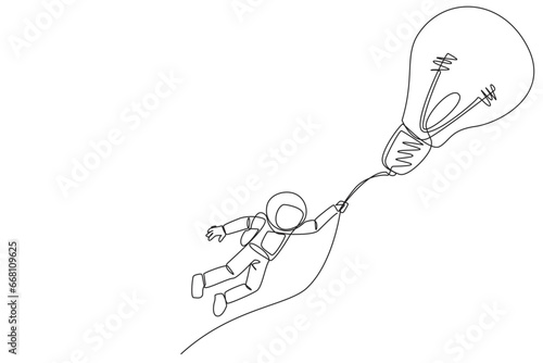 Single continuous line drawing astronaut holding on to a flying lightbulb. Expeditions that depend on the best ideas and innovations. Cosmic galaxy deep space. One line design vector illustration