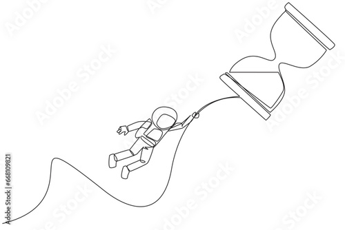 Single continuous line drawing astronaut holding on to flying hourglass. Natural fly. Fly free. Anti gravity. Cosmic galaxy deep space. Cosmonaut and spaceflight. One line design vector illustration