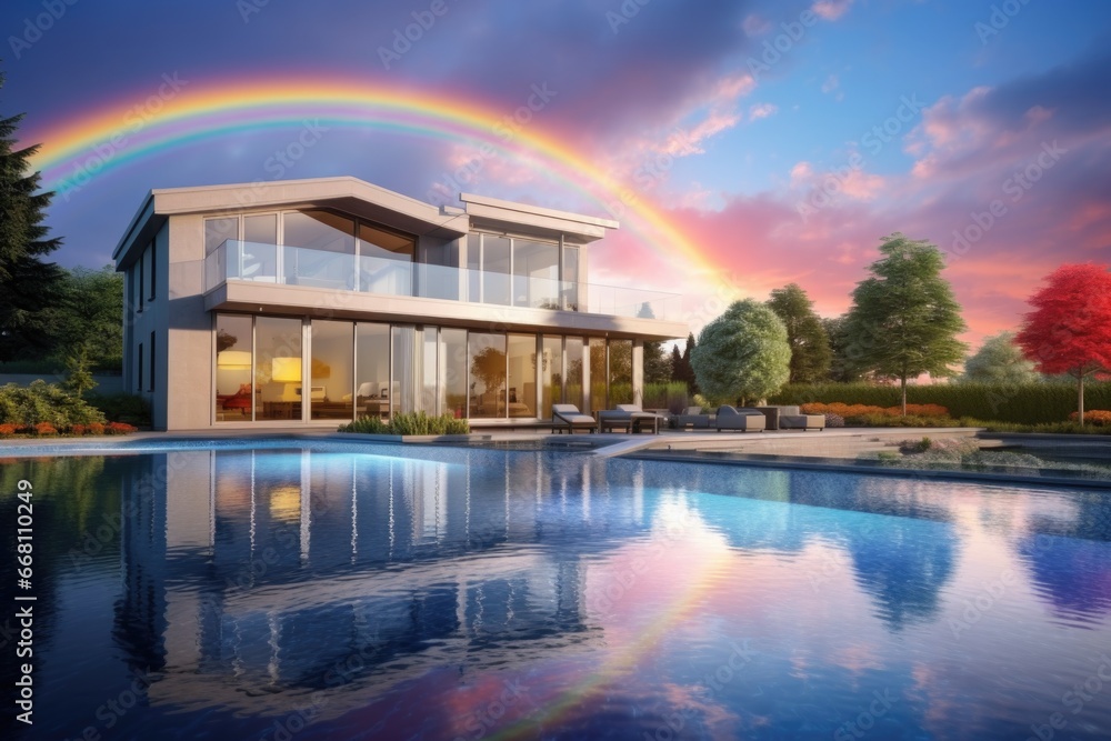 Modern luxury house with swimming pool and rainbow above