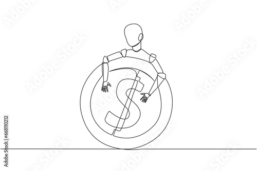 Continuous one line drawing robot hugging coin sign dollar. Insert coin into the back of the robot, then it will fulfill all your wishes. Future technology. Single line draw design vector illustration