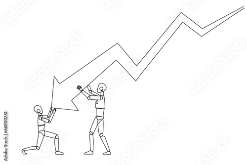 Continuous one line drawing two robots holding large arrow charts swooping down. One of the robots holding the end. Team work so the arrow can go back up. Single line draw design vector illustration